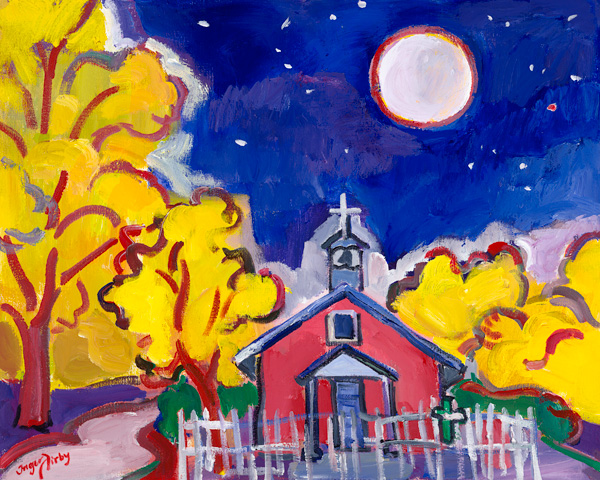 Inger Jirby, Little Church With Super Moon, acrylic, 24 x 30.