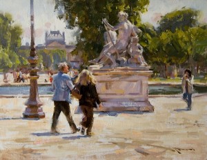 Mitch Baird, Parisian Conversation, oil, 14 x 18.