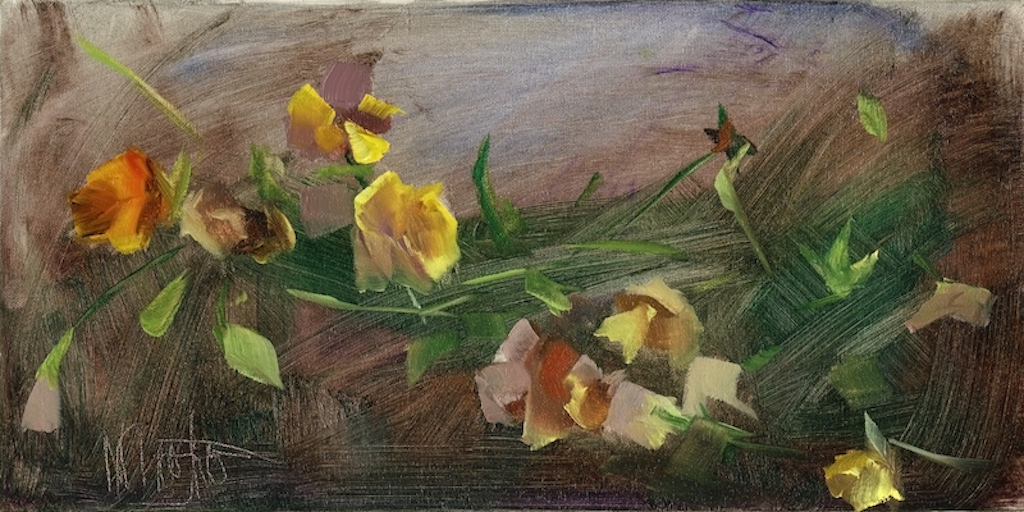 Monique Chartier, Nature Antique Shades Pansies, oil, 6 x 12. 