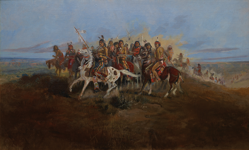 Charles M. Russell (1864-1926), The War Party, ca. 1896, oil, 22.25 x 36. Estimate: $2.25 million-$3.25 million. SOLD: $2.25 million