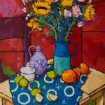 Angus, Sunflowers With Limes and Pottery Wine Jug, acrylic, 36 x 24.