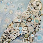 Britt Freda, Snowy Owl: Orienteering With Pieces of a Map and Magnets in a Pocket, mixed media, 12 x 12.